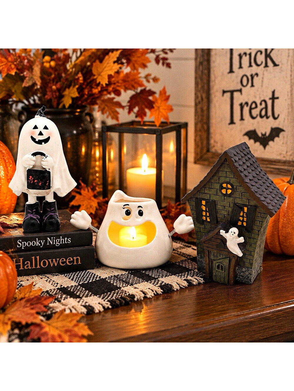 Halloween Ceramic Figurine Set Ghost Jack-o-Lantern Haunted House 6 in